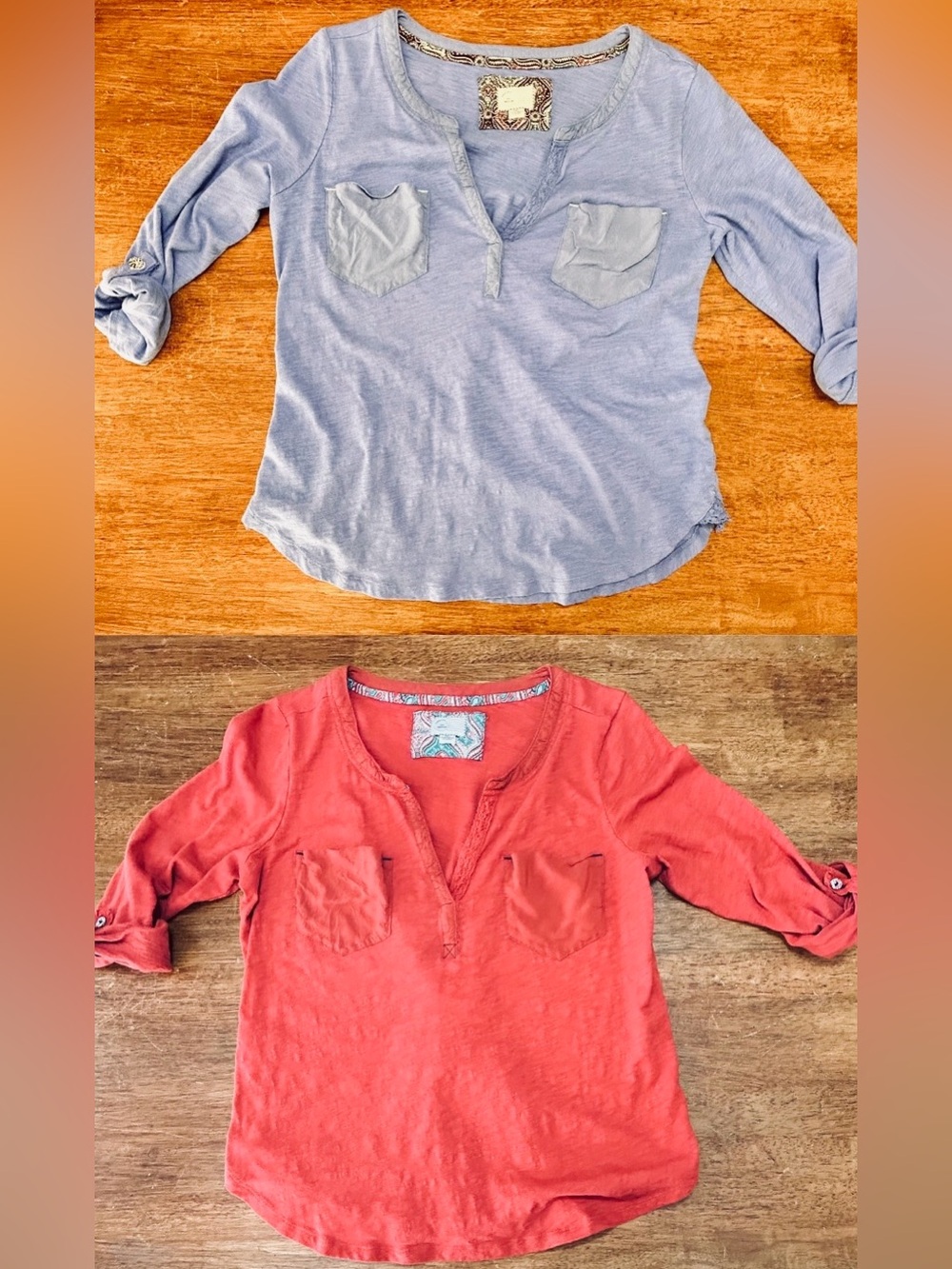 Price for Two Henley Pocket Tops - one purple and one burnt orange